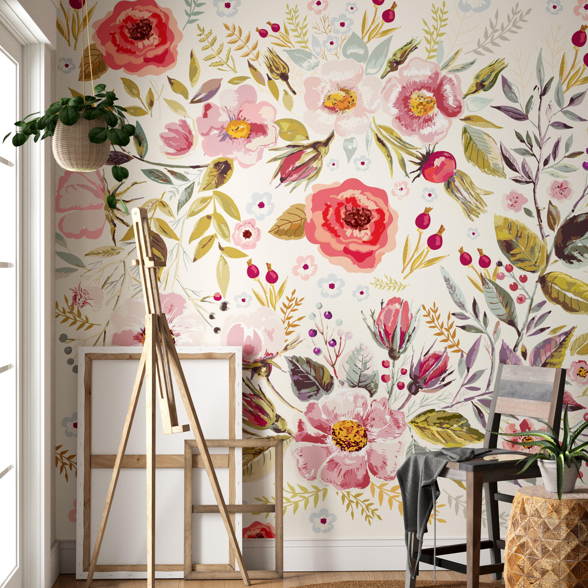 Teemall Vintage Blooming Flower Wallpaper Peel & Stick Backsplash Mural for