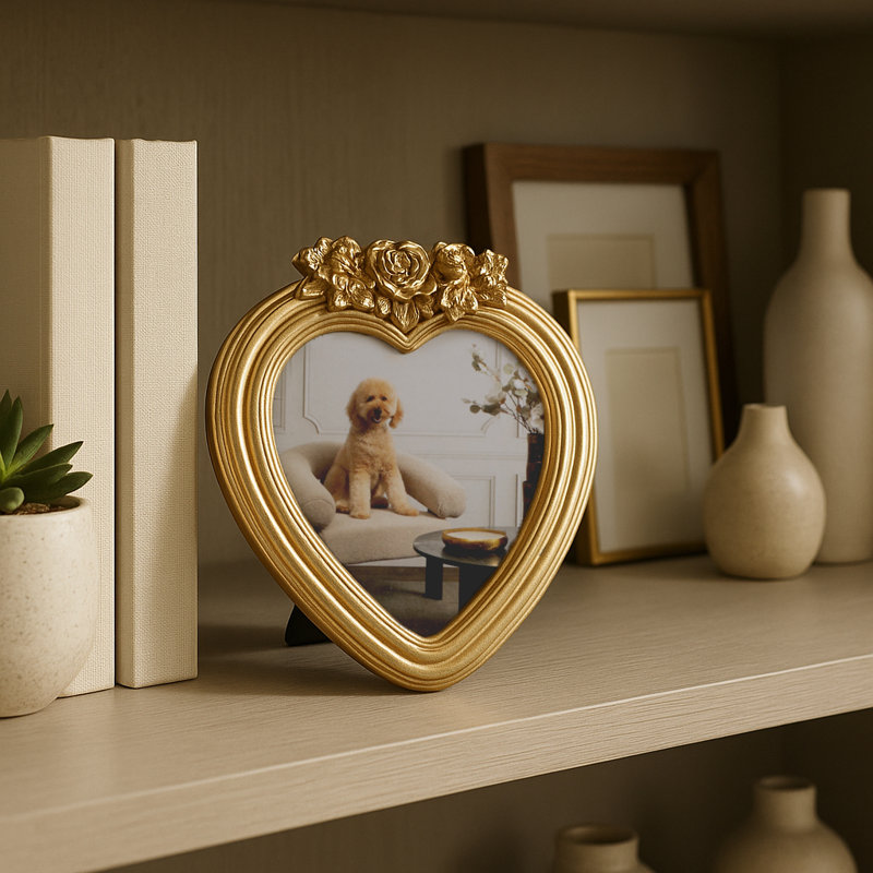 Mavin Heart Shape Photo Frame With Rose Detailing Top - Decorative Picture Frame For Entryway Display - Wall Decor Accent For Bedroom Styling - 7", Gold