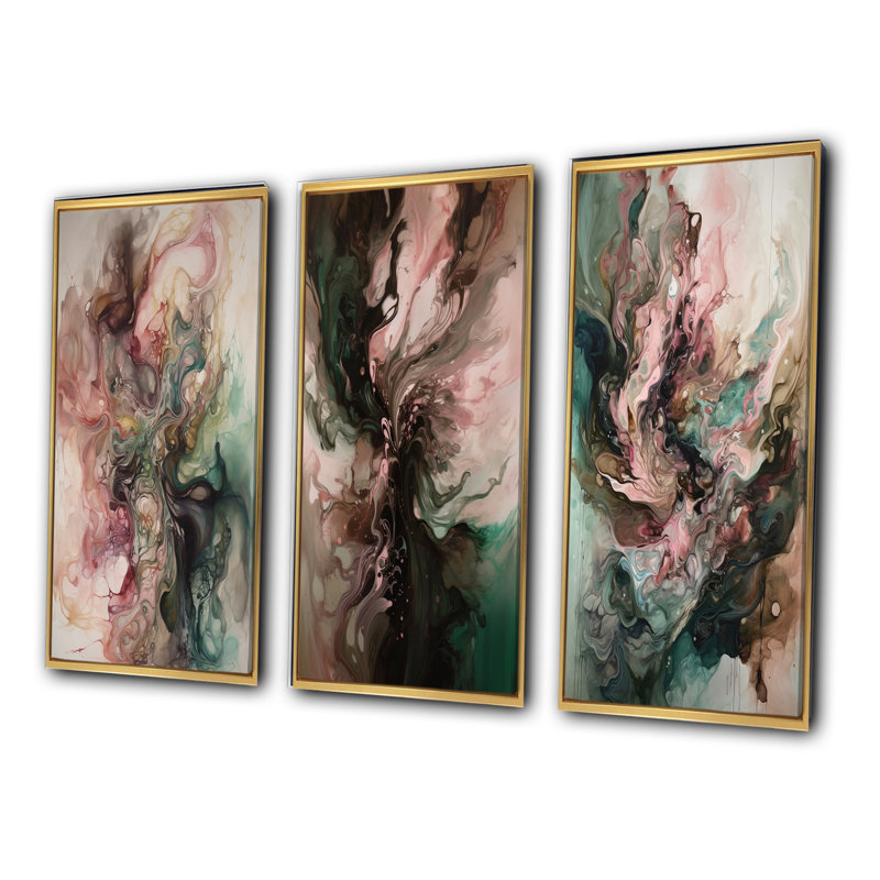 "Rose vert" Inner Worlds of Marble III - 3 pièces sur toile à motif géométrique abstrait, H 28 po x l 36 po