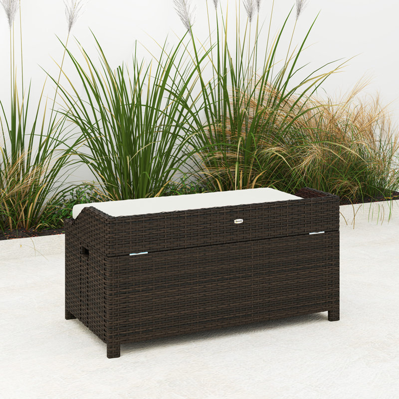 Banc de rangement extérieur en osier, bac de rangement pour patio en rotin PE avec sac en tissu imperméable intérieur, coussin, blanc crème