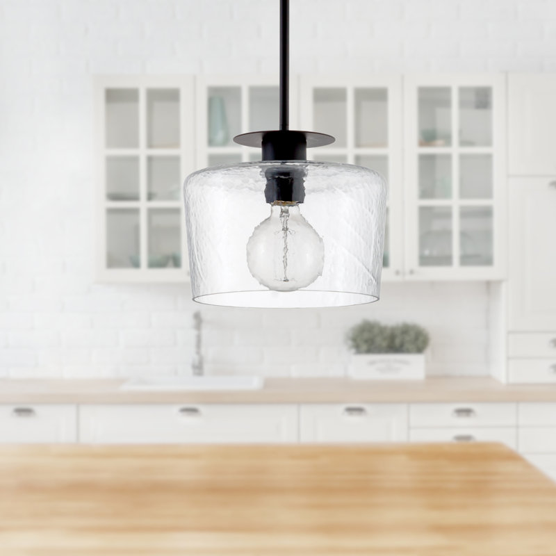Luminaire suspendu 1 lumière Brielle noir avec abat-jour en verre glacial