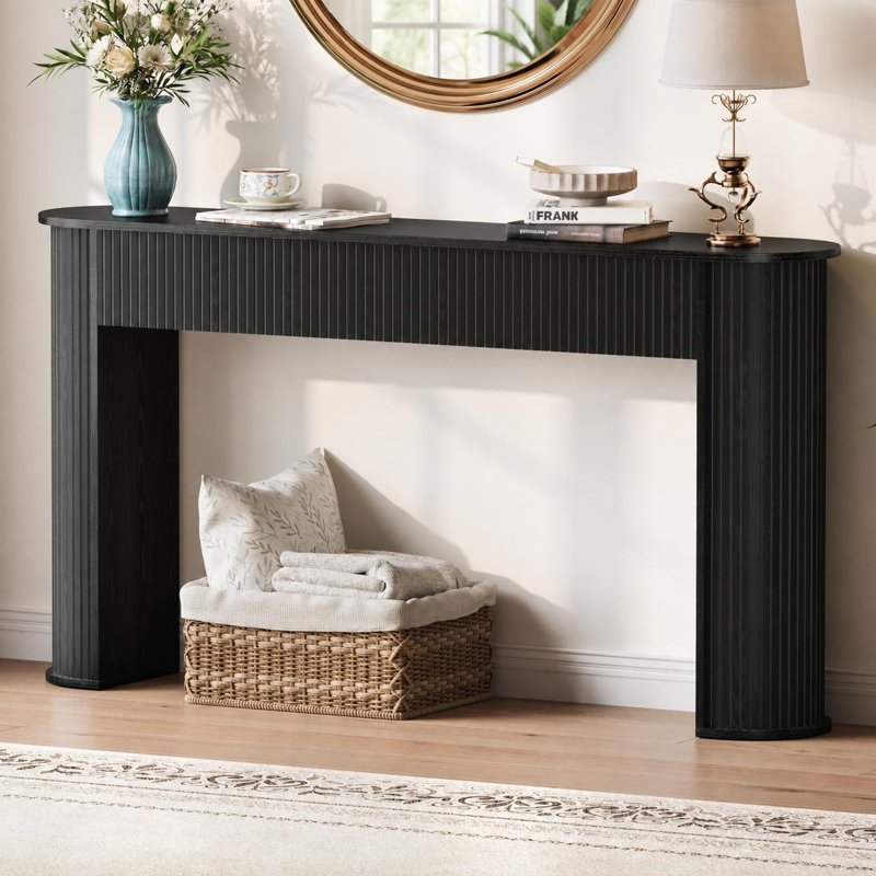 Console étroite 59,1 x 11,8 x 32,3 po avec pieds cannelés demi-ronds, canapé d'entrée en bois d'ingénierie, conception à rayures verticales, table d'appoint mince pour le couloir du salon, noir