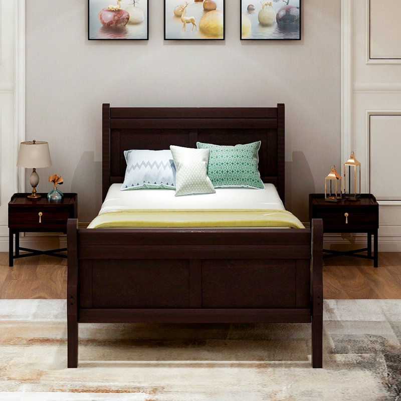 Lit plateforme simple en bois massif de teinte - tête de lit et s'adapte facilement au matelas, Espresso