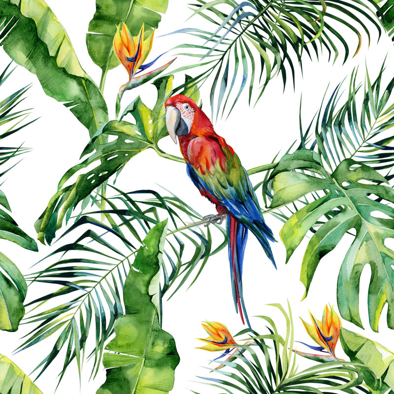 Seamless Watercolor Illustration Of Tropical Leaves, Dense Jungle. Scarlet Macaw Parrot. by Annaveroniq - Wrapped Canvas Print