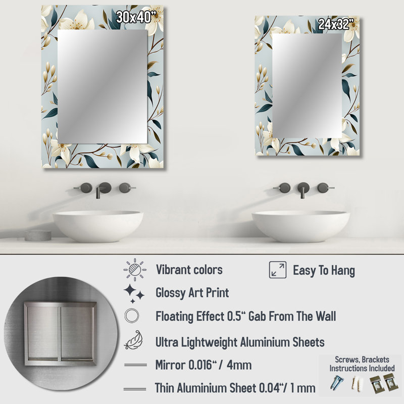 Vong Subtle Whispers - miroir mural décoratif floral, miroir floral, impression d'art en métal, 32 po x 24 po
