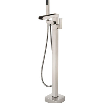 Brushed Nickel Floor Mount Tub Filler With Waterfall Design And Hand Shower - , Rust Proof Stylish Bathroom In Mount, Faucet