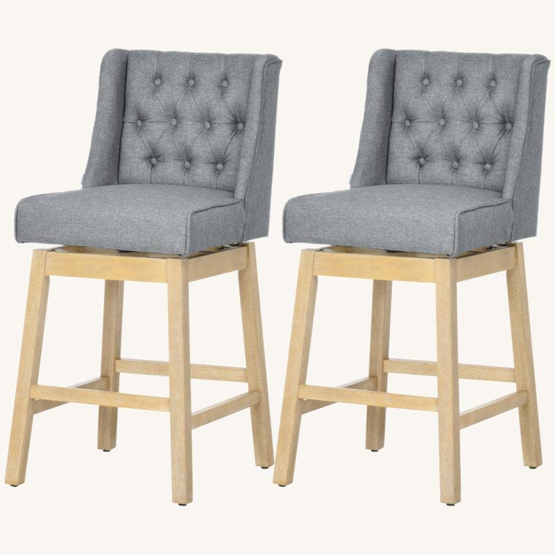 Bar Height Bar Stools Set Of 2, 180 Degree Swivel Barstools, 30" Seat Height Bar Chairs With Solid Wood Footres And Button Tufted Design, Grey