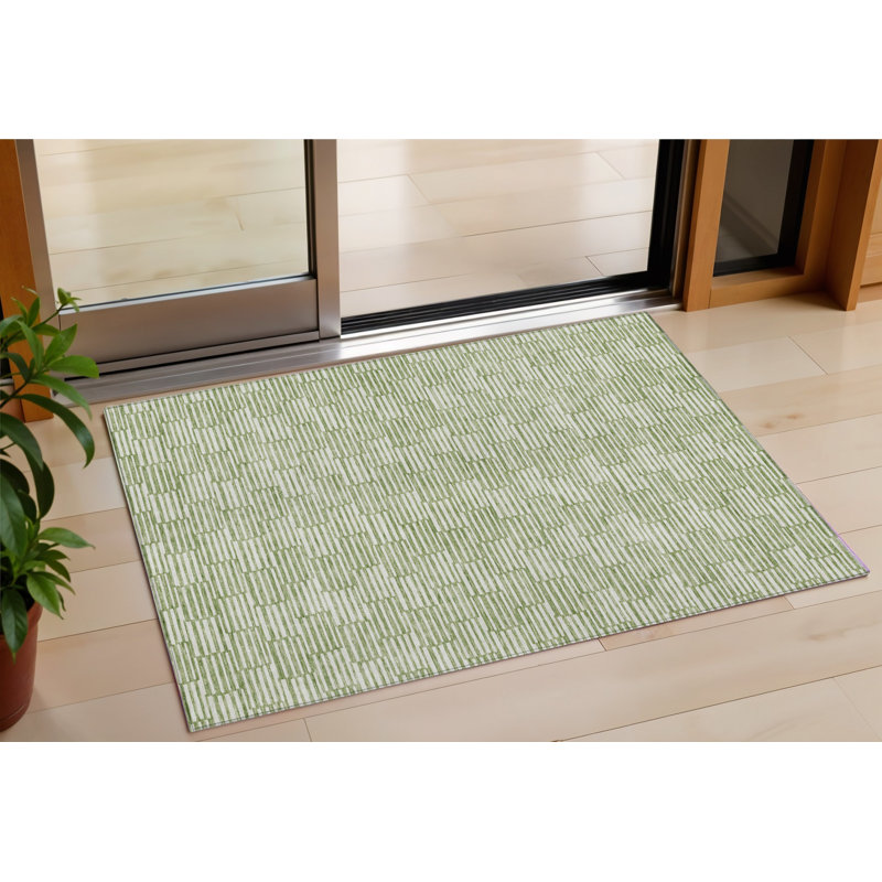 Tapis extérieur lavable à motif géométrique vert et ivoire 3 pi x 5 pi