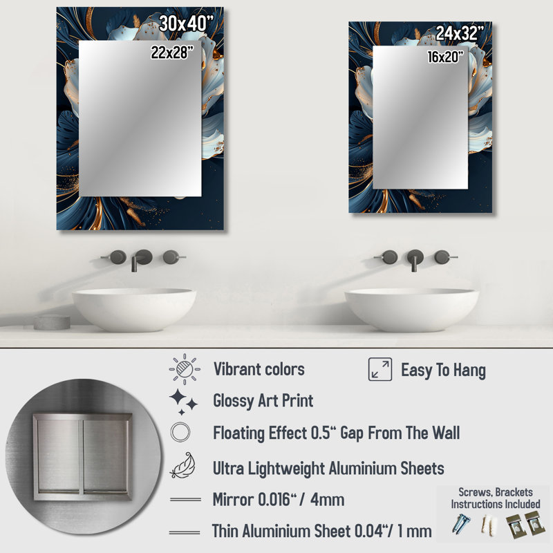 Or doré et pivoine bleue en fleurs - miroir décoratif pivoine, miroir mural doré, impression d'art en métal, 40 po x 30 po
