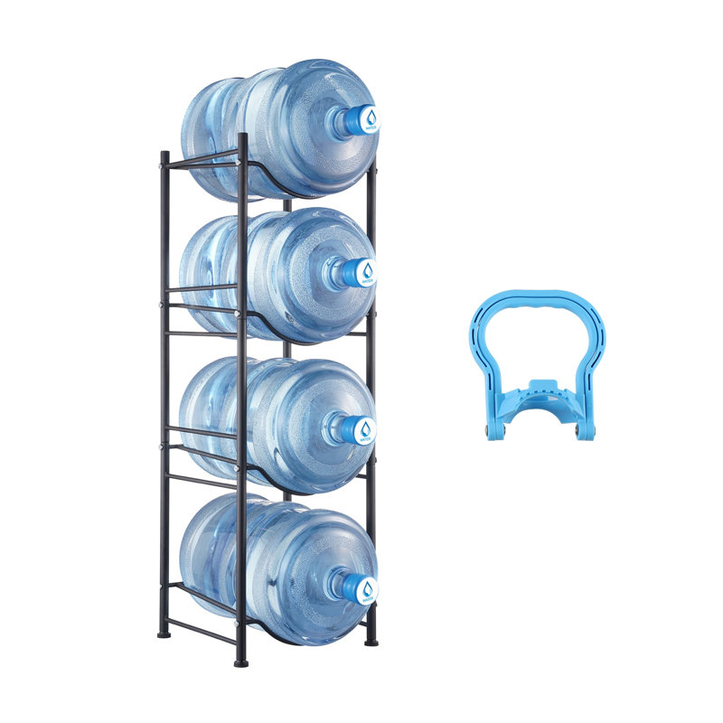 Support à bouteilles d'eau robuste à 4 niveaux - Support vertical pour bidon d'eau de 5 gallons avec garde-corps et ensemble anti-basculement pour la cuisine, le bureau et le rangement à la maison