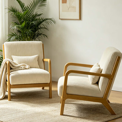 Ensemble de 2 fauteuils d'appoint de style Mid-Century moderne, fauteuil rembourré en velours côtelé avec coussin de soutien lombaire, fauteuil de lecture confortable avec cadre en bois massif pour le salon, la chambre à coucher et le bureau