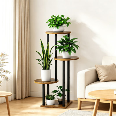 Grand support à plantes en bois et en métal pour intérieur, support à pots de fleurs à plusieurs niveaux, étagère de jardinière en coin avec cadre robuste, organisateur décoratif minimaliste pour patio, balcon, salon