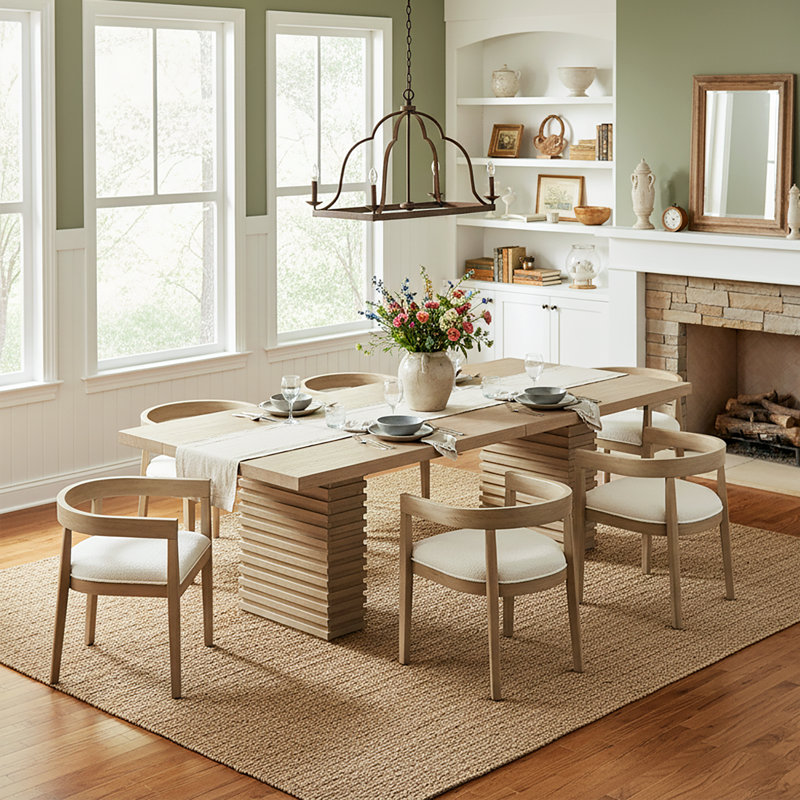 Prescott Mid-Century Modern 7-Piece Dining Set With 95-Inch Double Pedestal Table And Upholstered Arm Chairs