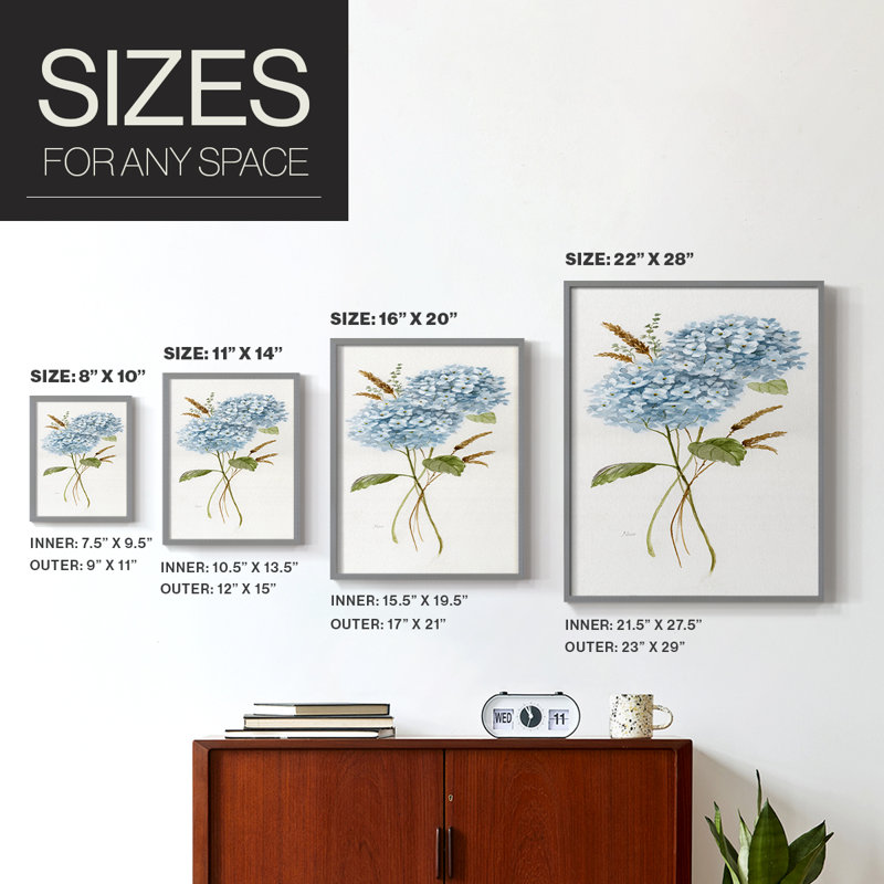Petite hortensia bleue I - impression encadrée de qualité supérieure - prête à être accrochée - aucun clou requis - aucun clou requis