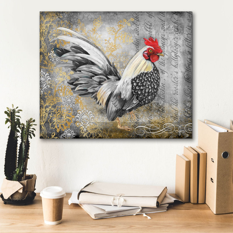 «Gold Lace Rooster A» par Jean Plout, art mural sur toile, H 20 po x l 24 po x P 0,75 po