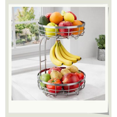 Panier à fruits à 2 niveaux en métal avec support à banane amovible, rangement pour comptoir de cuisine résistant à la rouille