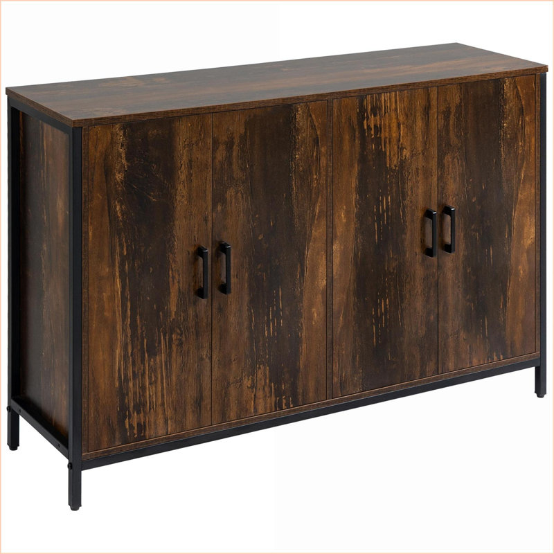 Industrial Sideboard Buffet Cabinet with Doors &amp; Adjustable Shelves, Rustic Brown | MDF+Steel