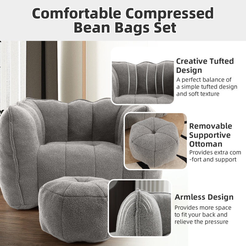 Compressed Sofa Chair Breathable Fabric Bean Bag Chair With Removable Ottoman,Living Room Sofa Chair