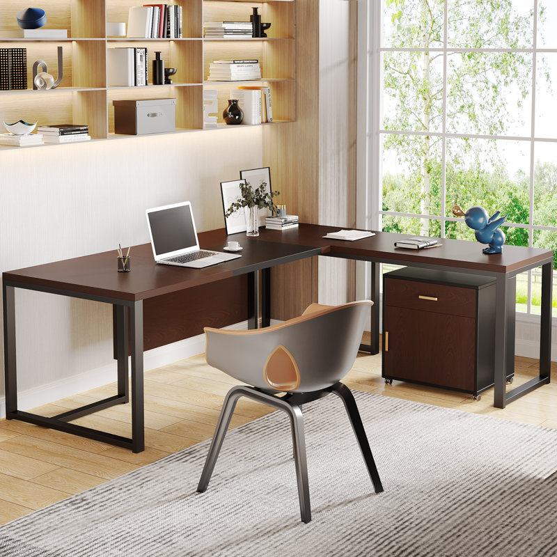 Wieze L-Shaped Metal Base Executive Desk, Dark Walnut/Black