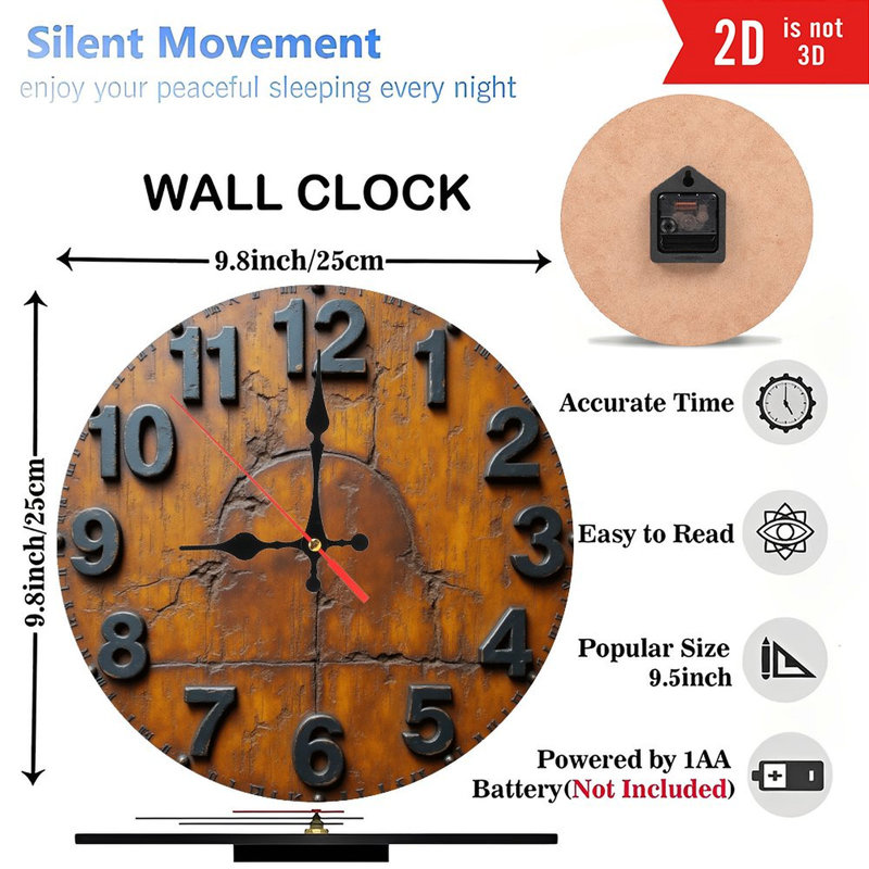 Horloge murale 10 po en MDF rond avec mouvement à quartz silencieux et crochet sans perceuse (piles AA non incluses)