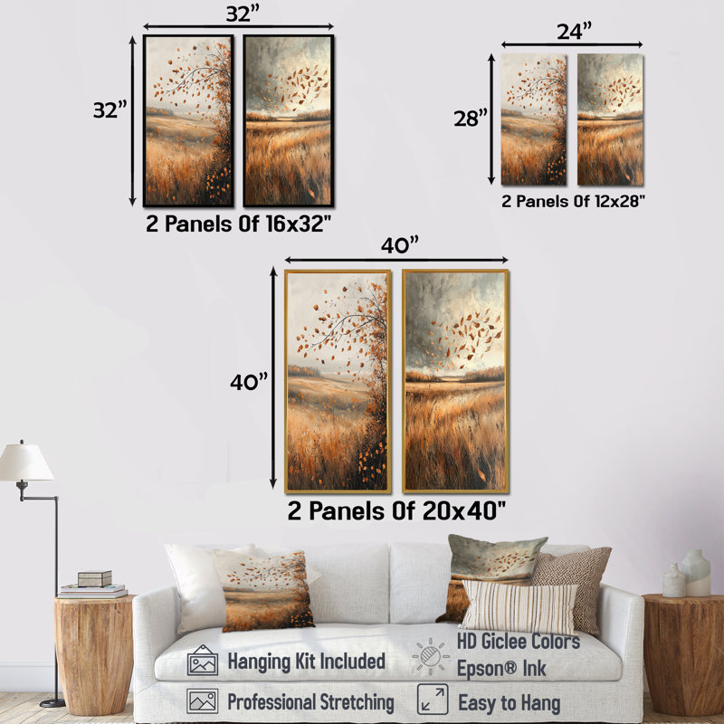Windy Prairie Leaves In The American Prairies I - Art mural floral 2 pièces, Encadrement argenté, H 32 po x l 33 po
