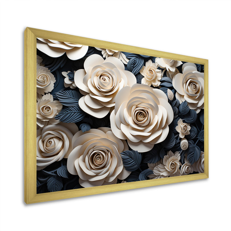 «Blue and White Roses Moonlight Grace», reproduction sur toile, H 34 po x l 44 po x P 1,5 po, Cadre doré simple
