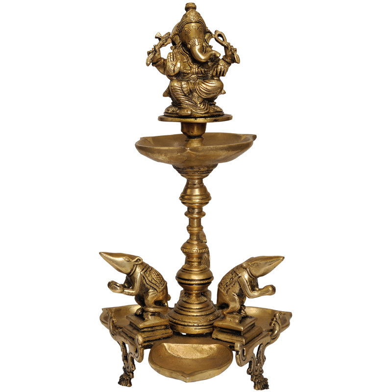 15" Handcrafted Brass Ganesha Oil Lamp Sculpture with Three Rats | Traditional Indian Diya Decor for Altar, Entryway or Console