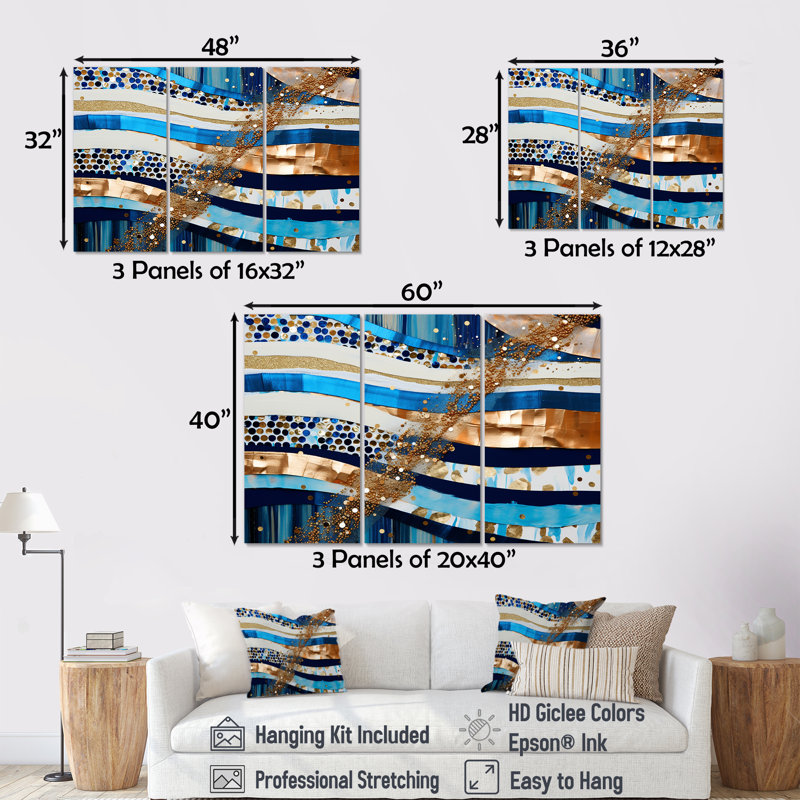Ensemble de salon art mural Blue Sparkling, Toile tendue, H 32 po x l 48 po x P 1 po