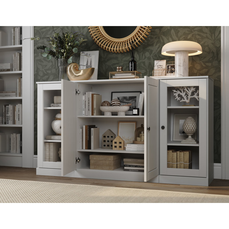 Buffet 65% en bois massif Kyreigh avec portes en verre transparent et tablettes réglables, White