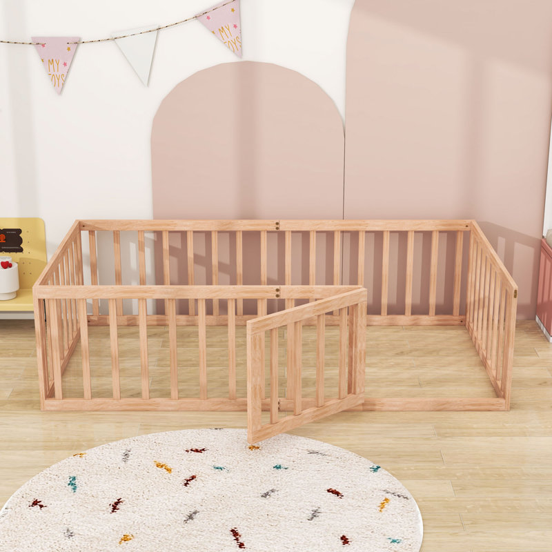 Wooden Floor Bed With Guardrails And Door, Natural