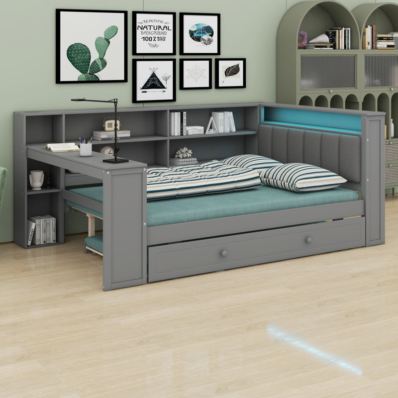 Wood Platform Bed With Storage Shelves, Trundle, Charging Station, LED, Desk And Upholstered Headboard, Gray