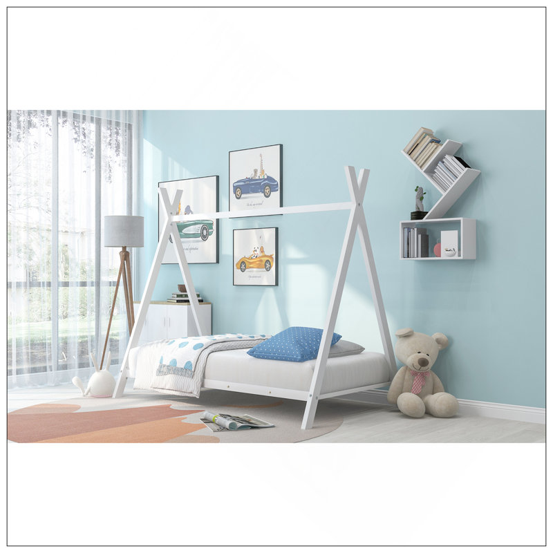 House Bed Tent Bed Frame Twin Size Metal Floor Play House Bed With Slat, No Box Spring Needed, White