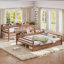 Lit superposé simple au-dessus de grand lit simple avec rangement, garde-corps courbé et tablettes latérales, structure en bois massif, aucun sommier nécessaire, naturel profond-134275275-134275277