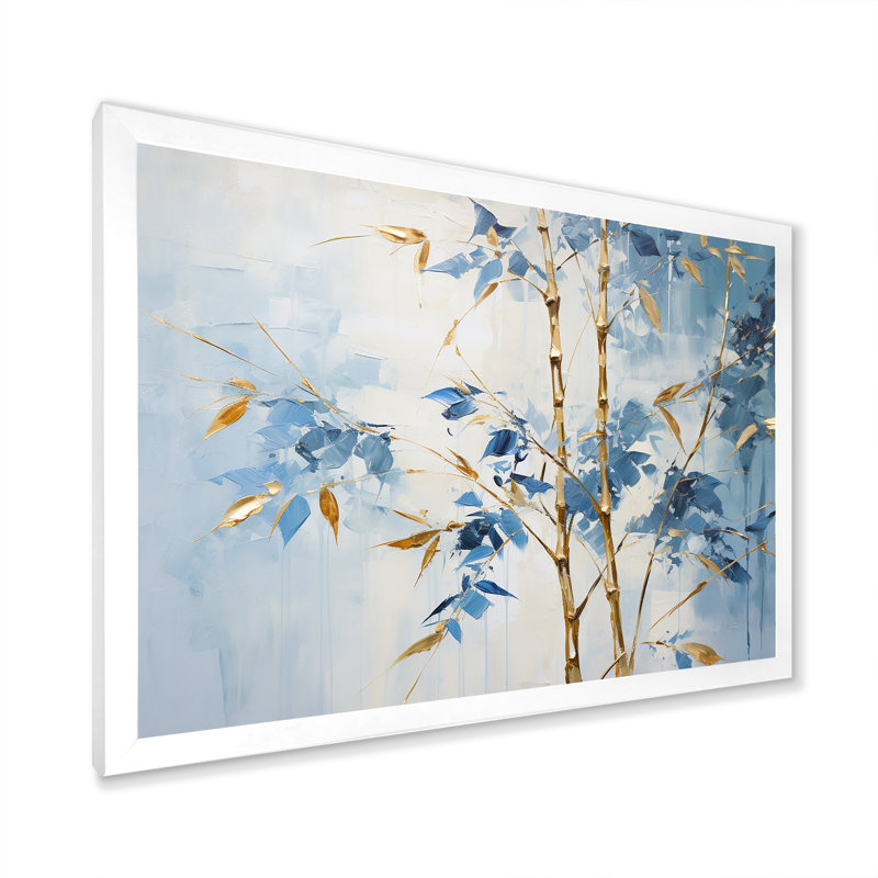 Danse de bambou bleue et dorée II - salon d'art mural en bambou_106587, H 34 po x l 44 po x P 1,5 po, Cadre photo blanc