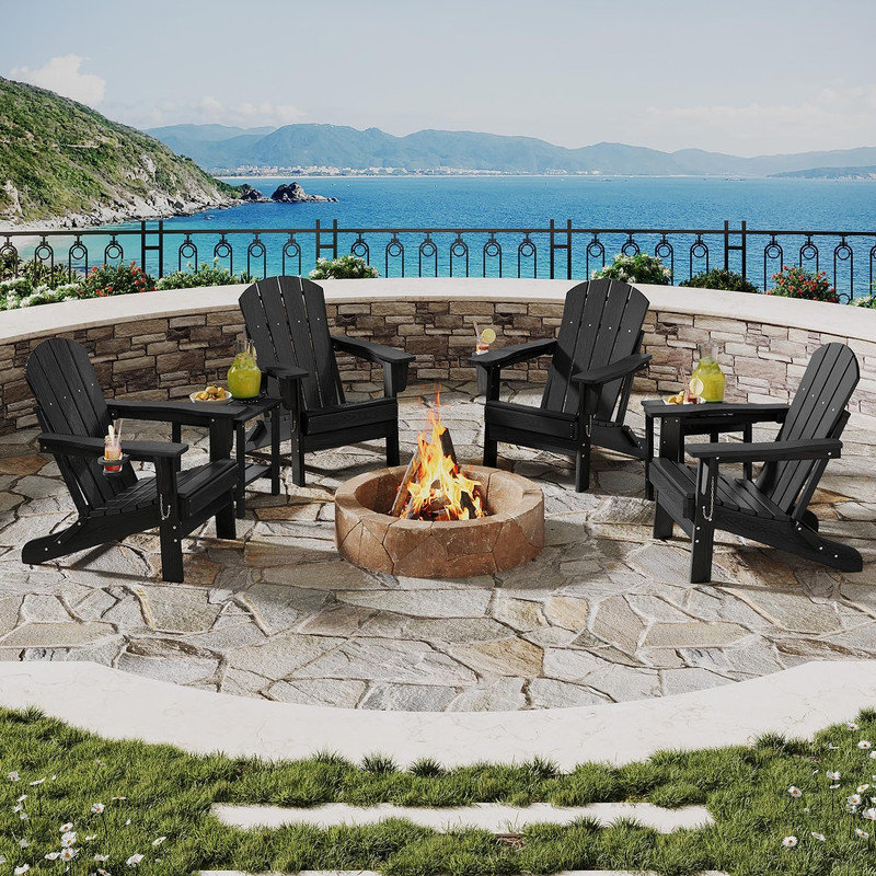 Folding HDPE Adirondack Chair with Cup Holder, Wood-Grain Texture, All-Weather Outdoor Patio Seating for Decks, Gardens, Fire Pit