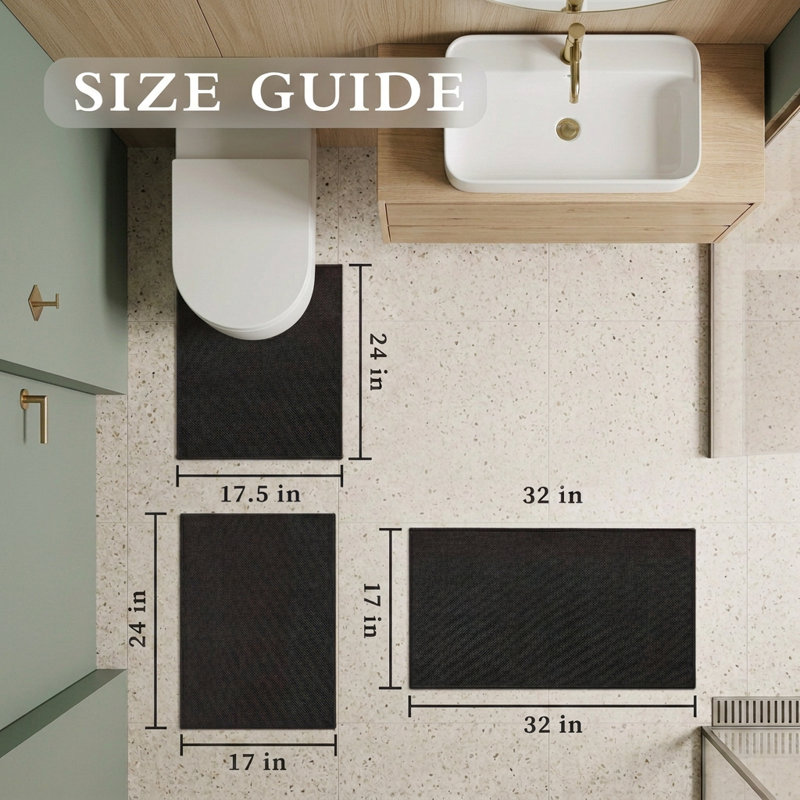Ensemble de tapis de bain 3 pièces à aspect lin texturé avec envers antidérapant, Noir