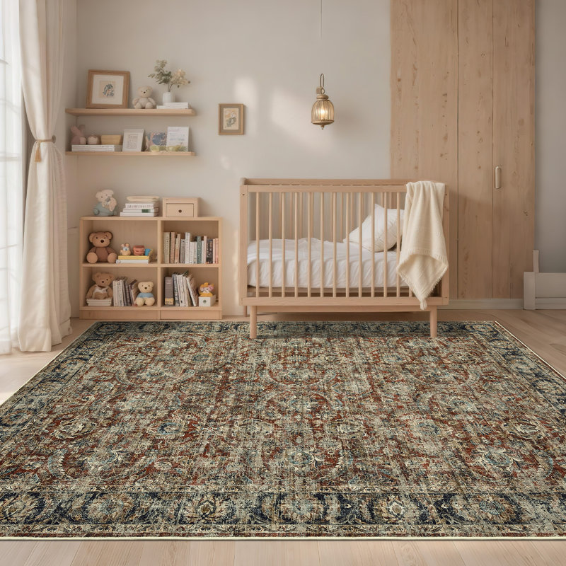Tapis lavable rétro pour chambre à coucher, salon, salle à manger, Rouge, Rectangle 5 pi x 7 pi