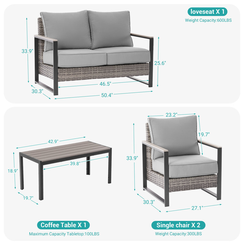 Ensemble 4 pièces canapé-lit de patio avec table basse, Gris