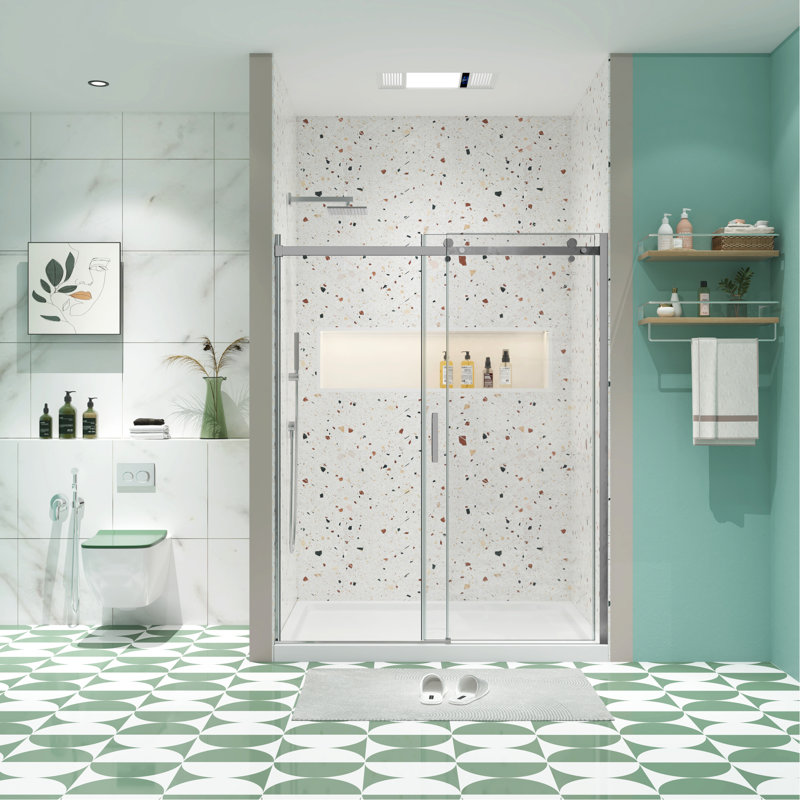 Sliding Shower Door With 5/16" Tempered Glass And Waterproof Function - Bathroom Space, Brushed Nickel