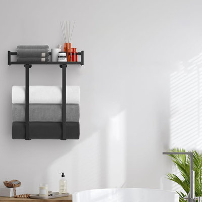 Metal Wall Mounted Bathroom Towel Holder with Wooden Shelf, Storage Solution for Folding Large Towels in Compact Bathrooms, RVs & Camping Trips