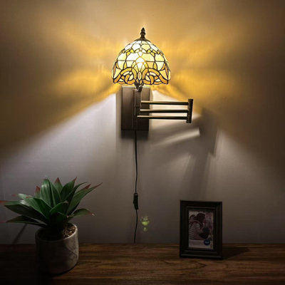 Tiffany Sconce Lamp Plug In Swing Arm White Stained Glass Baroque Style LED Bulb 13”W*8”D*15”H