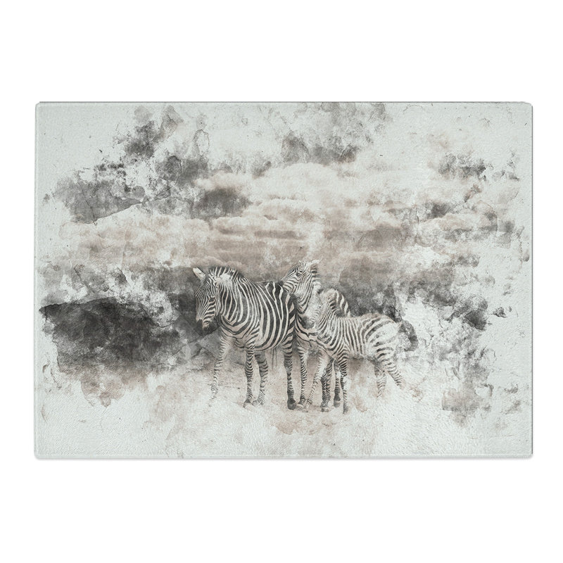 Tempered Glass Three Zebras in the Wild Watercolour Chopping Board, 28.5 cm x 39 cm