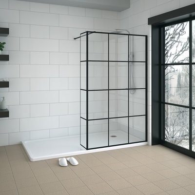 Black Grid Walk In Shower Enclosure Wet Room 1000mm Glass Screen with 215mm Return Panel