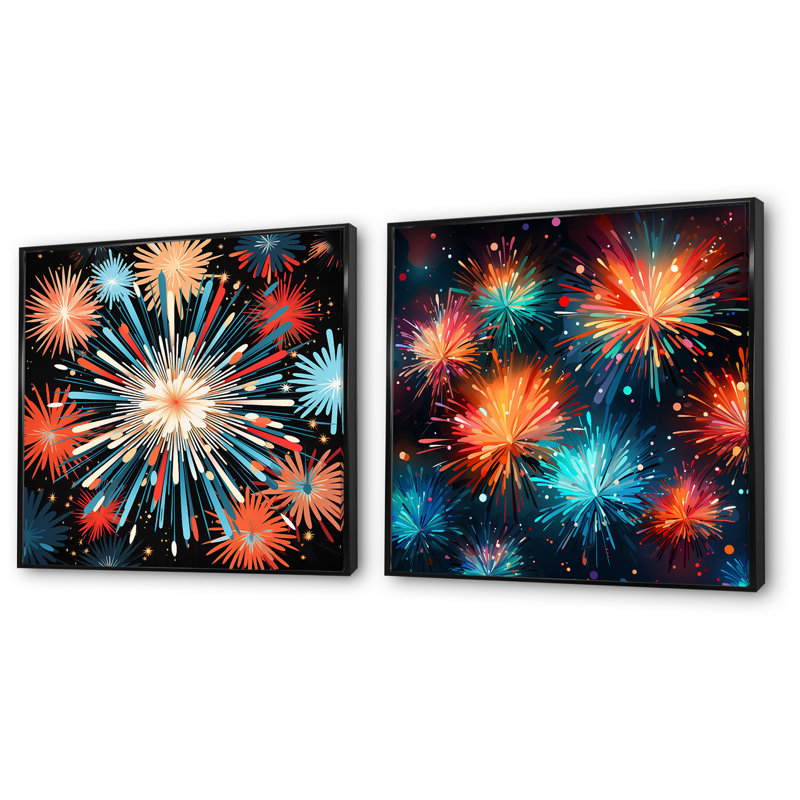 Feux d'artifice bleu et jaune - ensemble d'art mural sur toile 2, Cadre flottant noir, H 16 po x l 33 po x P 1 po