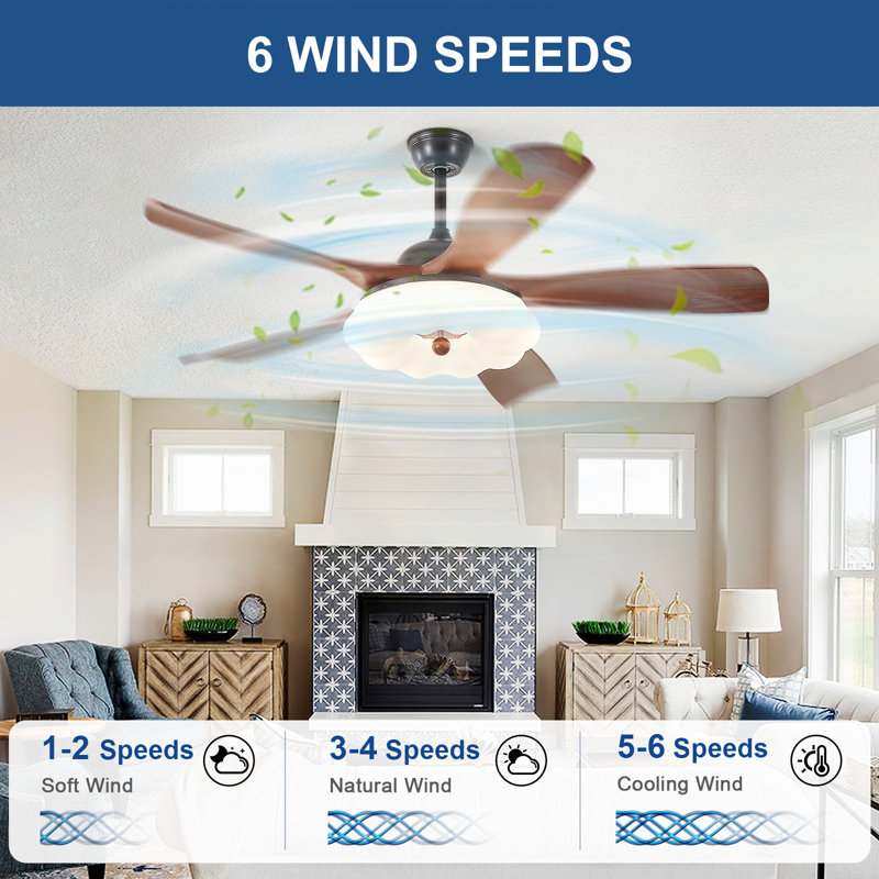 46" 5-Blade Walnut Ceiling Fan with LED Light,Remote Control,6-Speed,Reversible Airflow,Dimmable Lighting,Height-Adjustable for Living Room Covered Patios