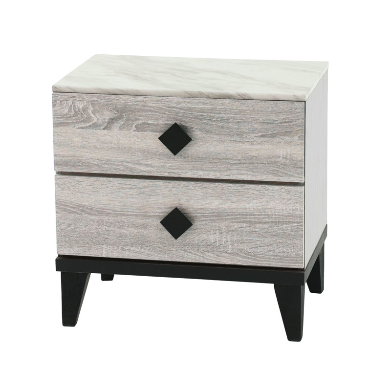 Table de chevet en chêne crème avec plateau en faux marbre rustique