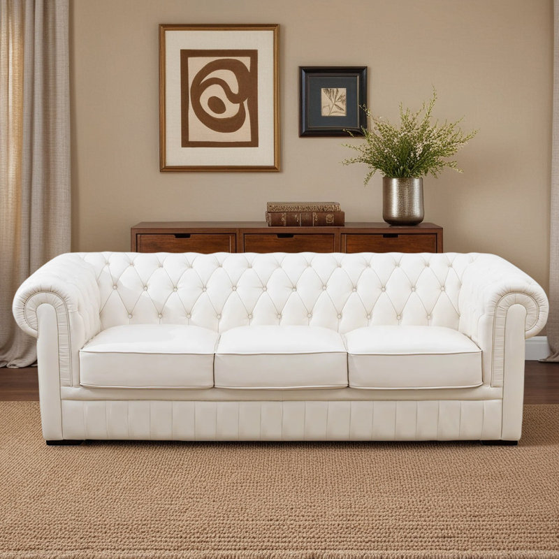 94.5" Tufted Leather Chesterfield Sofa – Top Grain Cowhide Sofa For Living Room | Solid Wood Frame & European Design, Beige