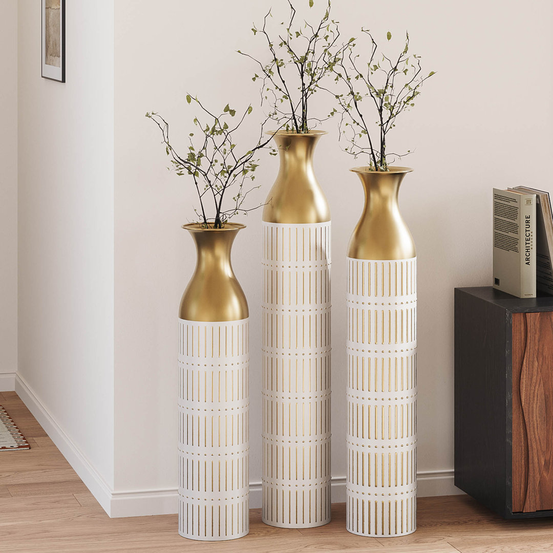 Medhansh White and Gold Floor Vase, Large Metal Floor Vase with Embossed Stripe Pattern, Antique White Finish (Set of 3) Everly Quinn