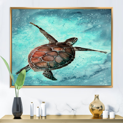 Tortue de mer colorée nageant dans l'océan - reproduction sur toile