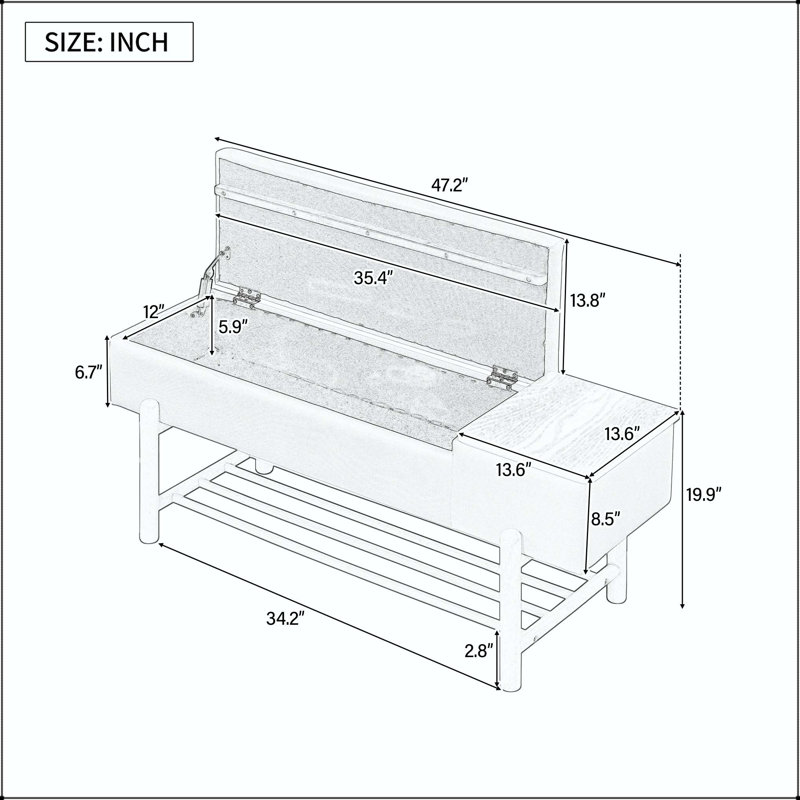 Banc de rangement rembourré Farmhouse avec compartiment caché et support inférieur - Naturel, Natural, Natural